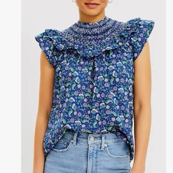 Loft Blue Floral Smocked Shirred Blouse - Picture 1 of 9